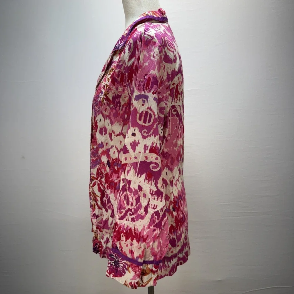 Oscar de la‎ Renta Womens Pink Ikat Long Pajama Set Size M Cotton Poplin Pockets